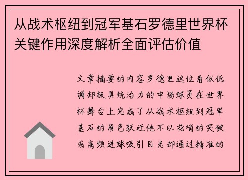 从战术枢纽到冠军基石罗德里世界杯关键作用深度解析全面评估价值