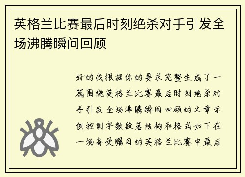 英格兰比赛最后时刻绝杀对手引发全场沸腾瞬间回顾